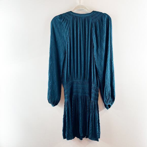 Current Air Long Sleeve Smocked Waist V Neck Satin Mini Dress Teal Medium - Picture 6 of 8